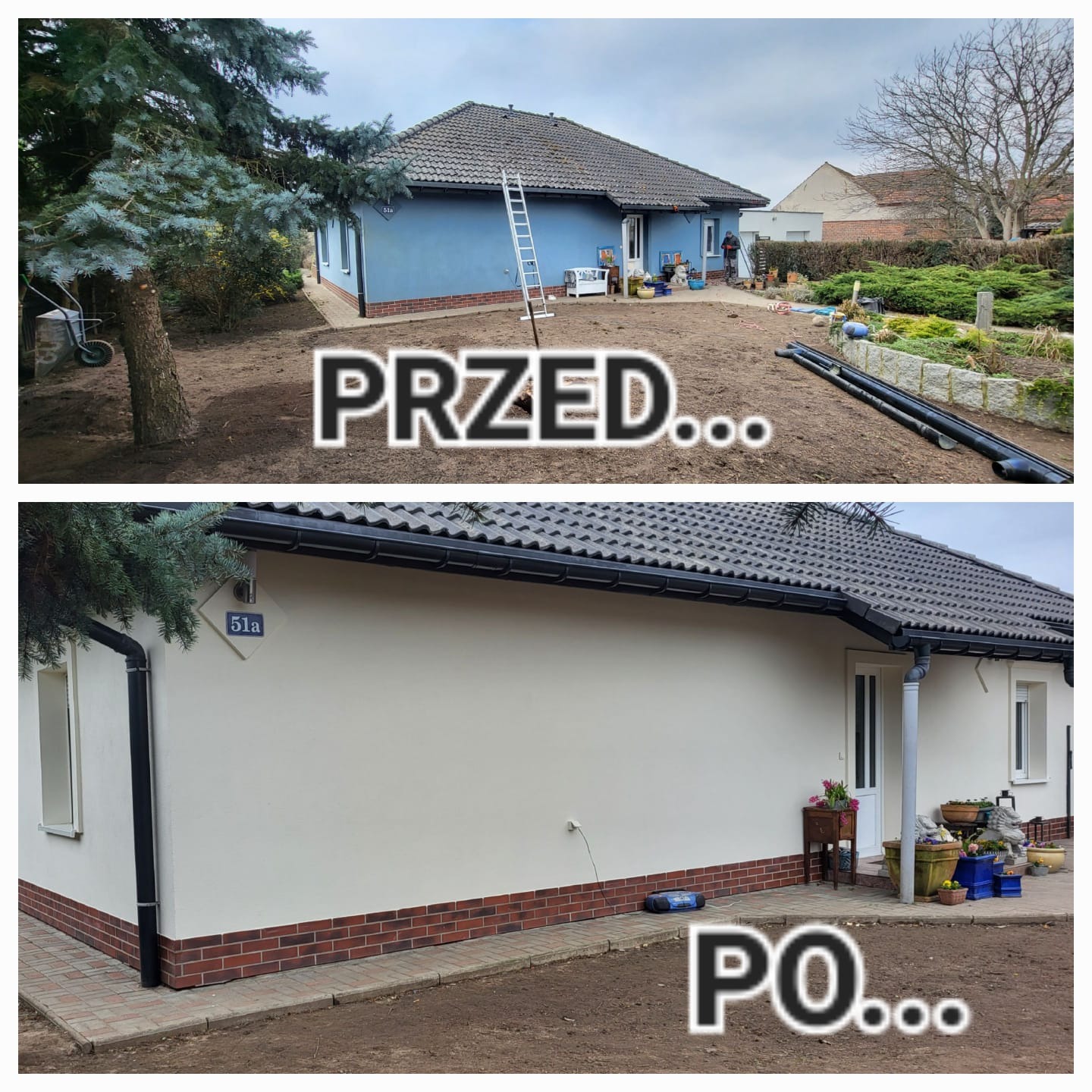 Dom jednorodzinny przed (niebieska elewacja) i po (jasna elewacja) renowacji. Widoczne zmiany w kolorystyce elewacji, otoczeniu domu, wykończeniu.