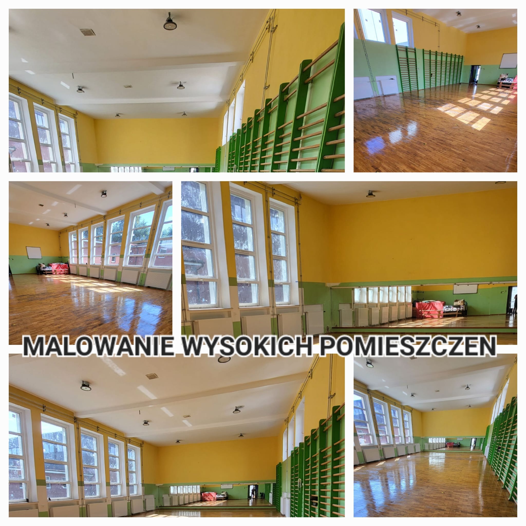 Wnętrze odnowionej sali gimnastycznej z żółtymi ścianami i drewnianą podłogą. Świeżo pomalowane ściany, okna i drabinki gimnastyczne.