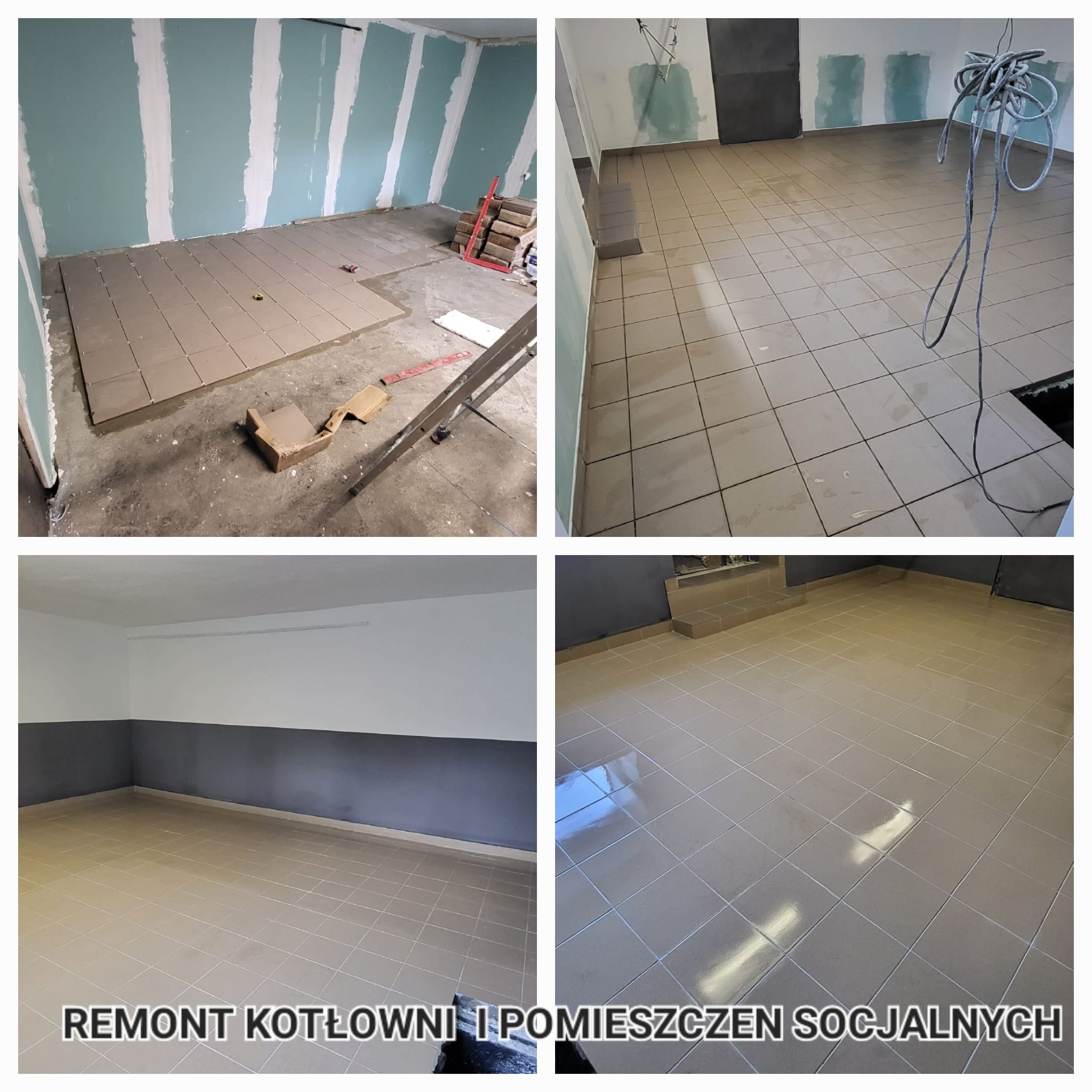 Remont kotłowni i pomieszczeń socjalnych: układanie płytek na podłodze, ściany przygotowane pod malowanie, widoczne narzędzia i materiały budowlane.