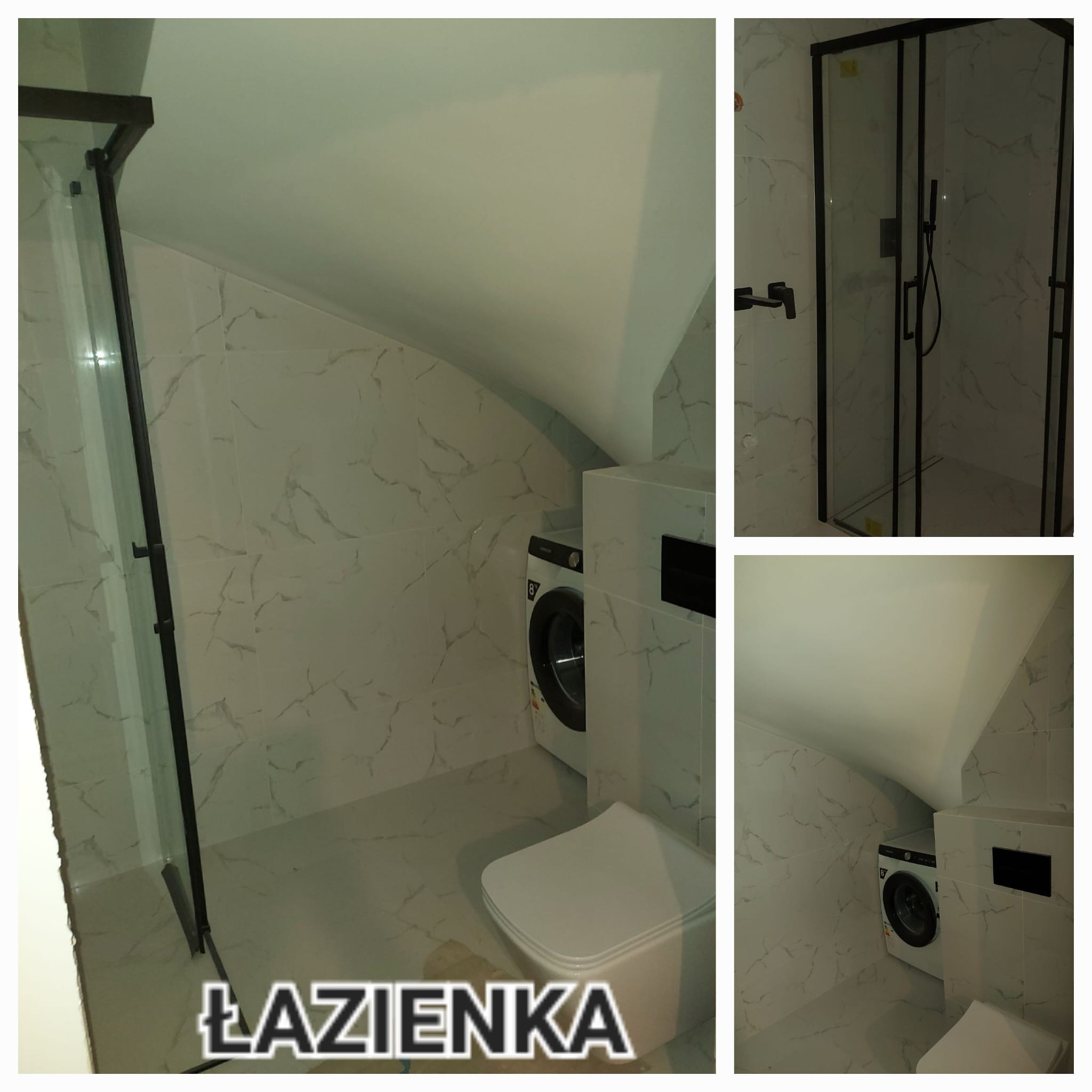 Wykończona łazienka na poddaszu ze skośnym sufitem, białe płytki imitujące marmur, czarna kabina prysznicowa, pralka i toaleta w zabudowie.