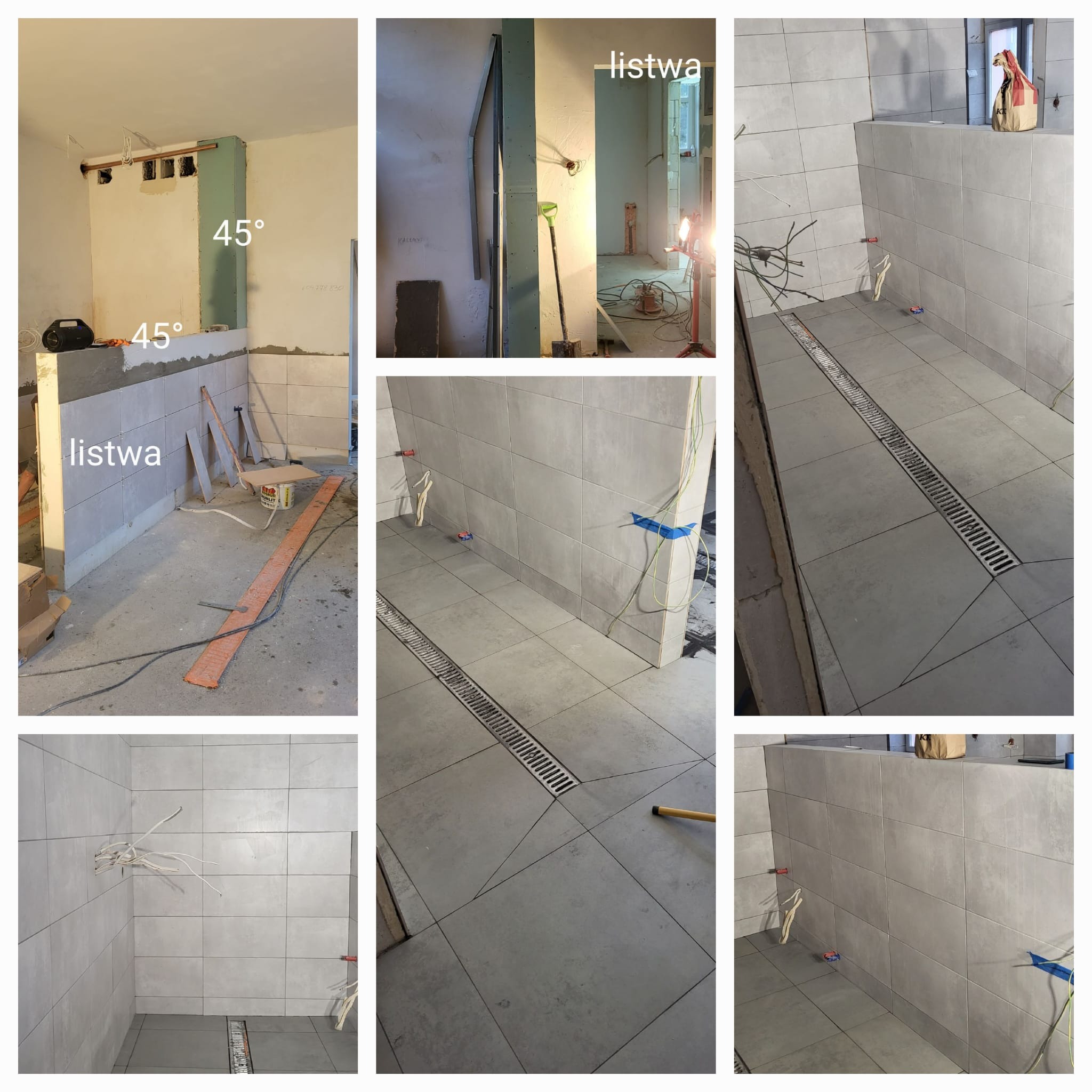 Wnętrze łazienki w trakcie remontu: szare płytki na ścianach i podłodze, widoczne instalacje, listwy, narzędzia i akcesoria budowlane. Etap wykończeniowy.