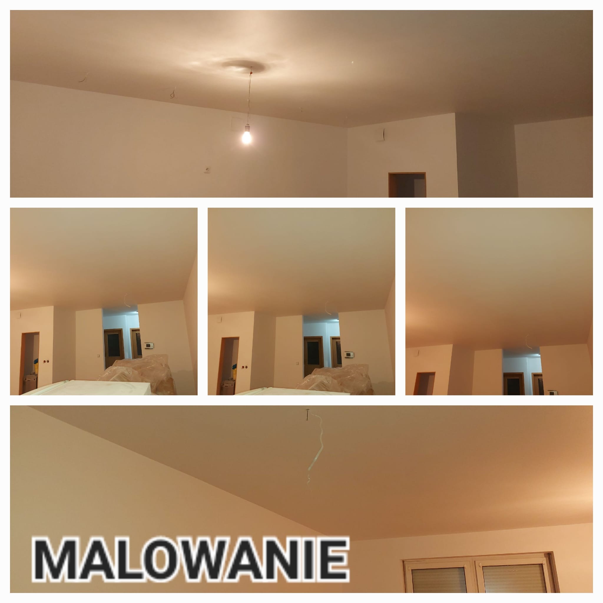 Wnętrze po malowaniu: świeżo pomalowane ściany w jasnym odcieniu, widoczne drzwi i okno w tle. Na suficie wisi żarówka. Na dole kadru widoczny napis 'MALOWANIE'.