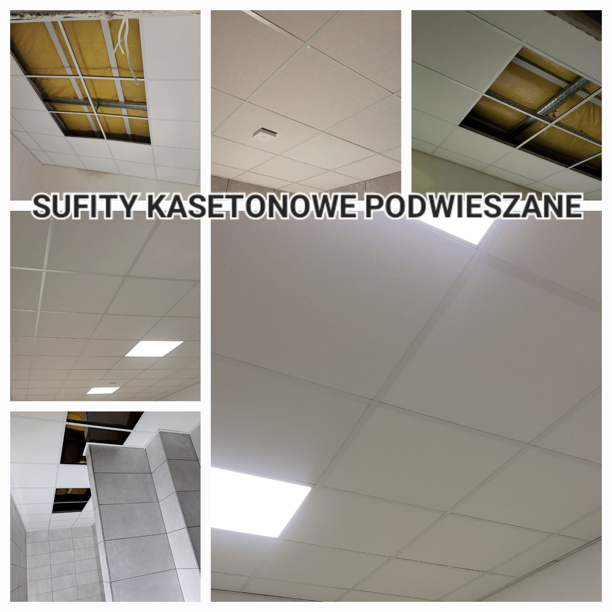 Montaż sufitu kasetonowego: widoczne płyty, konstrukcja nośna i oświetlenie. Fragmenty sufitu z izolacją, podkreślające etap prac. Jasne, równomierne oświetlenie.