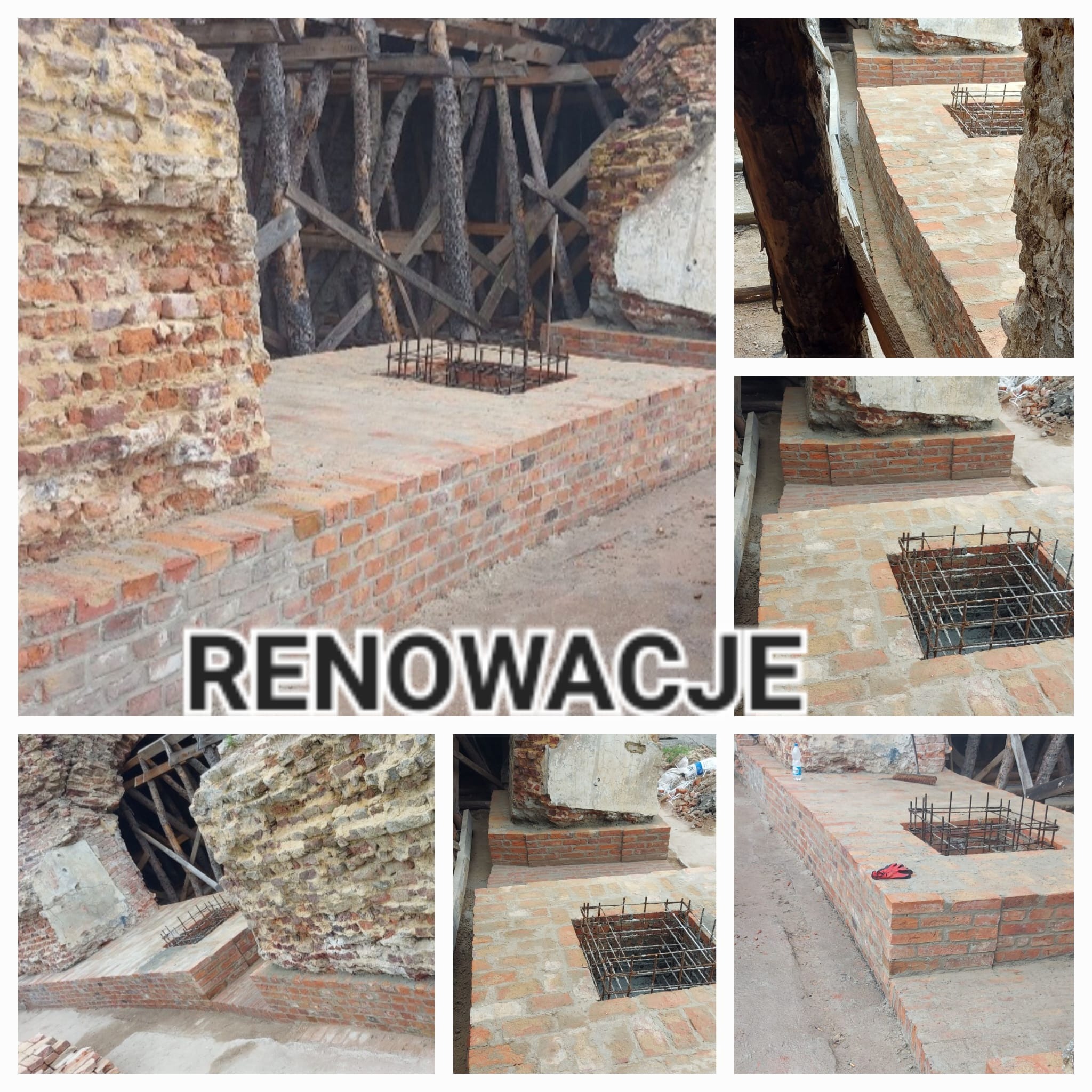 Murowanie z cegły zbrojonych otworów na zewnątrz budynku w trakcie renowacji. Widoczne stare mury i drewniane wzmocnienia.