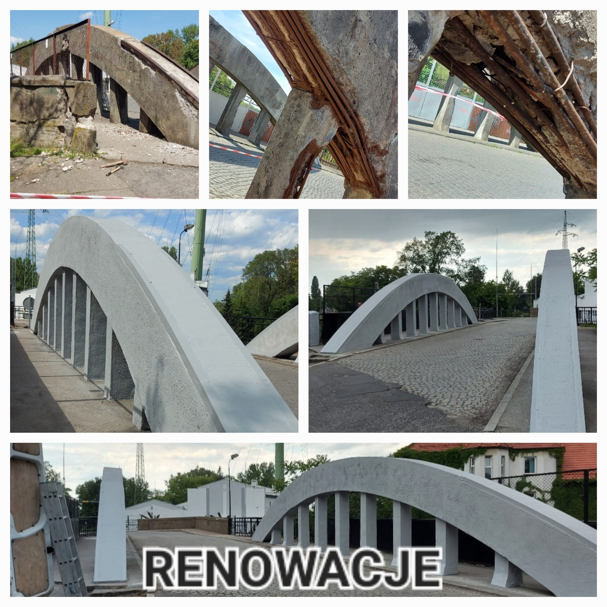 Kompozycja zdjęć ukazująca etapy renowacji betonowego mostu łukowego: stan przed remontem z odsłoniętym zbrojeniem i po remoncie z pomalowaną konstrukcją.