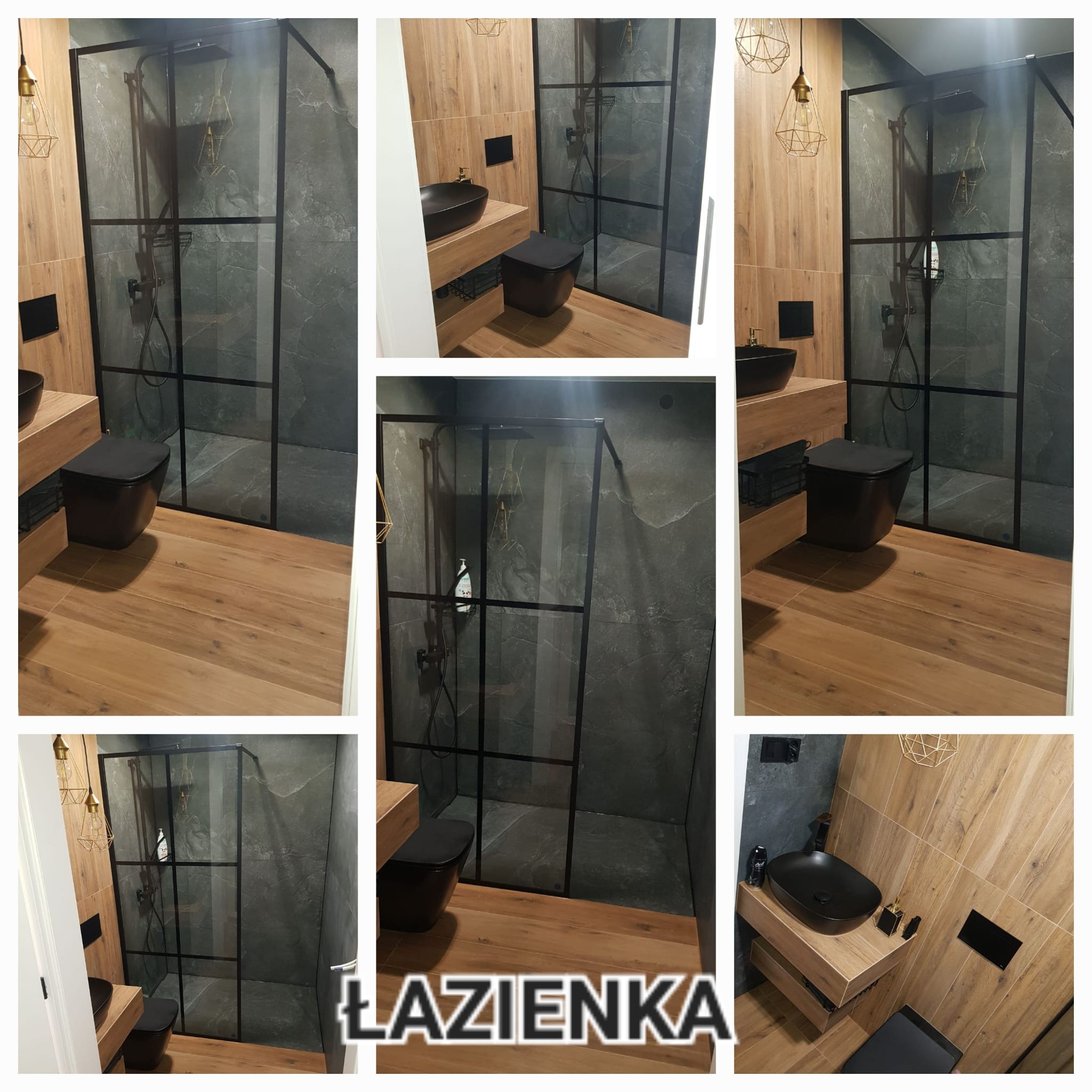 Nowoczesna łazienka z kabiną typu walk-in, czarną armaturą i drewnopodobnymi płytkami. Uwagę zwraca geometryczna lampa wisząca i ciemna umywalka nablatowa.