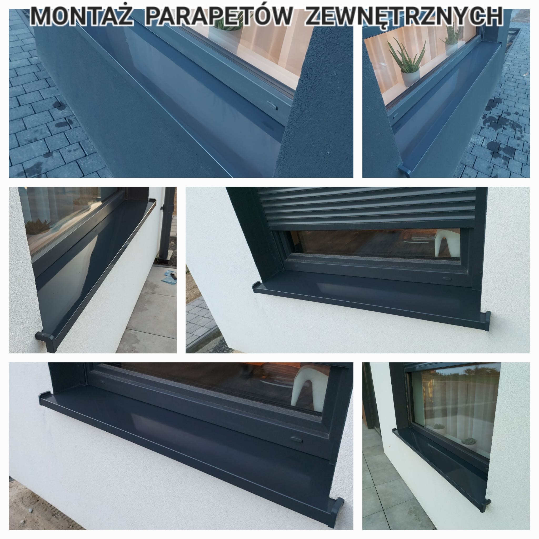 Montaż grafitowych parapetów zewnętrznych na elewacji budynku. Widoczne detale wykończenia i połączenia z oknem. Zastosowano nowoczesne materiały.