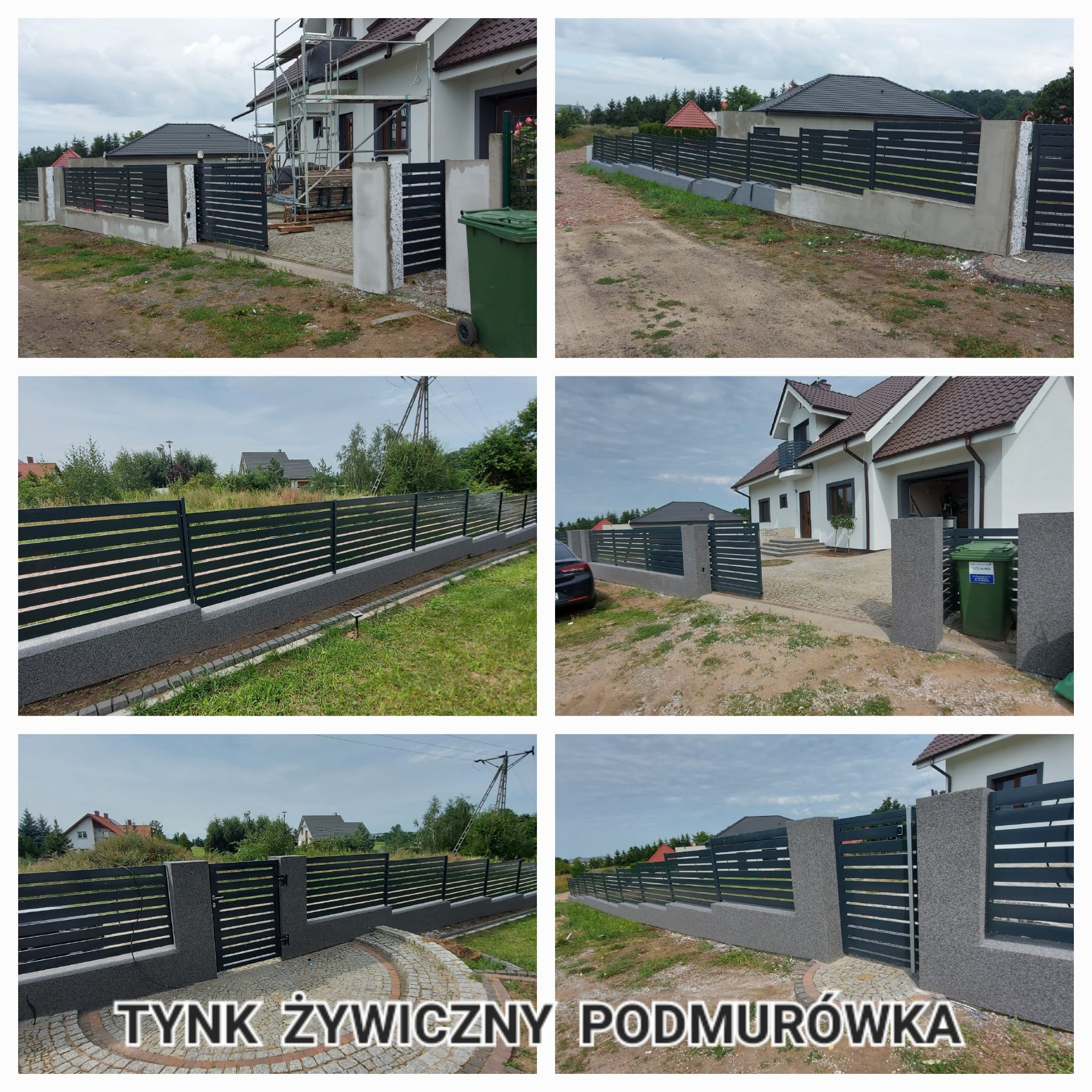 Nowoczesne ogrodzenie posesji z podmurówką z tynku żywicznego i metalowymi przęsłami. Szara kolorystyka, minimalistyczny design, widok na dom w tle.