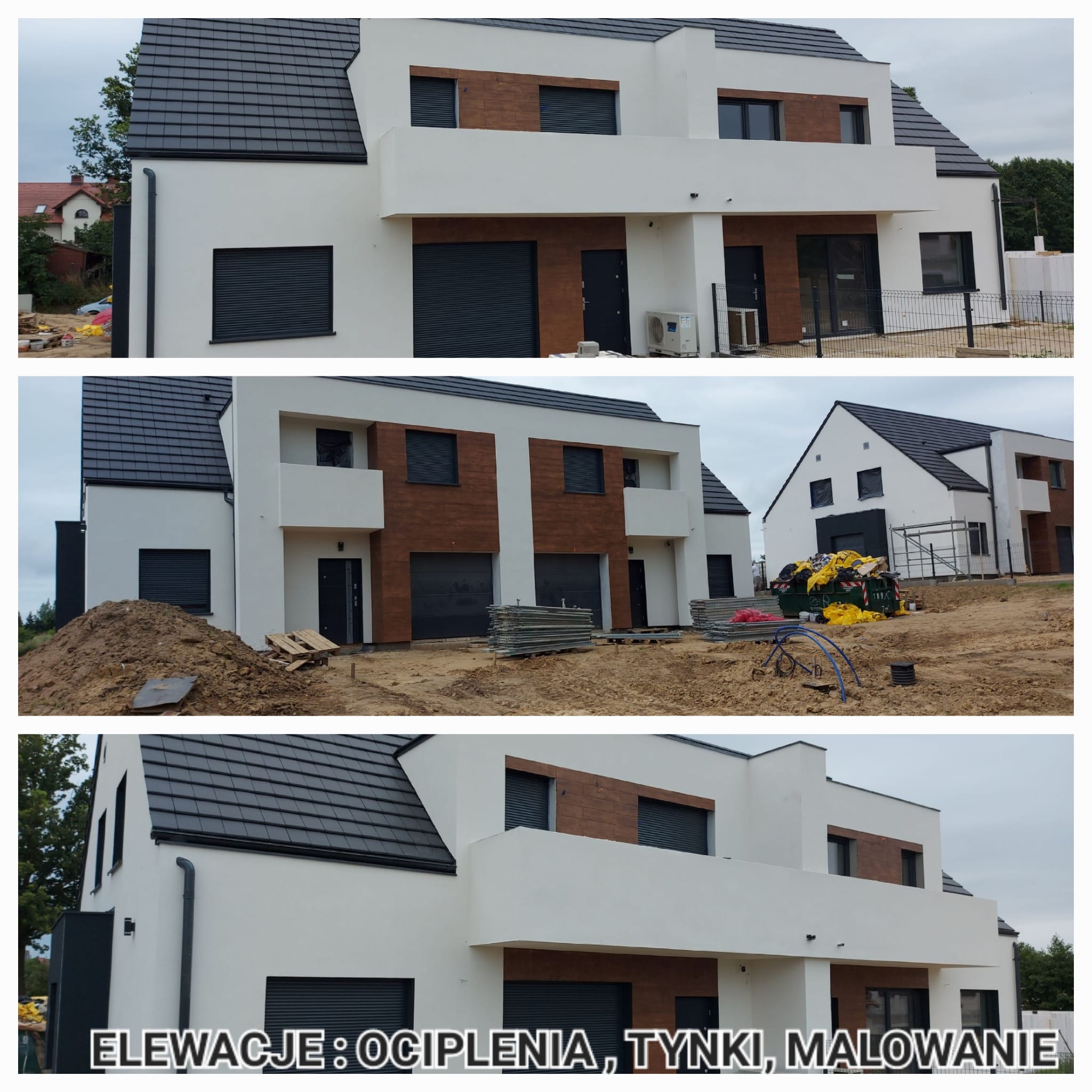 Nowoczesna elewacja szeregowca w bieli z drewnianymi akcentami i grafitową stolarką okienną. Widoczne materiały budowlane na posesji.