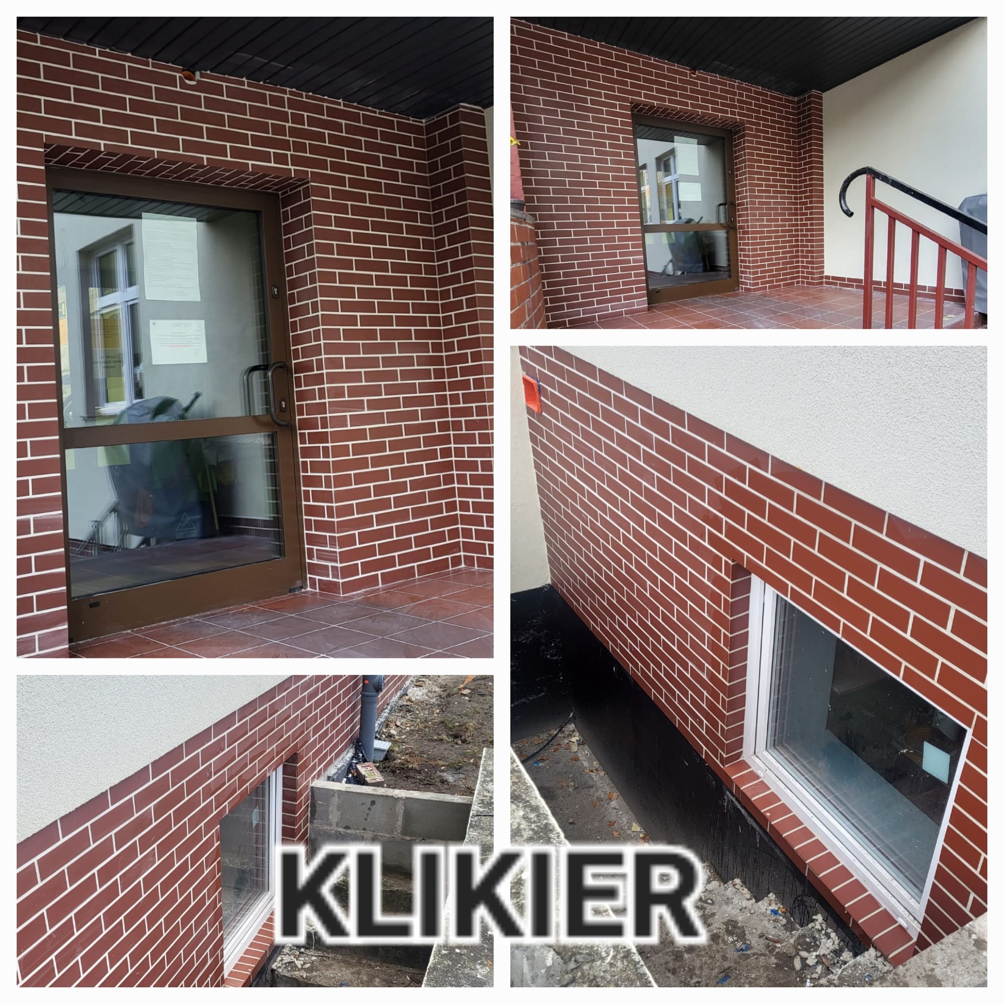 Elewacja budynku wykończona brązową cegłą klinkierową z białymi fugami, widoczne okna i drzwi wejściowe. Część elewacji pokryta białym tynkiem.