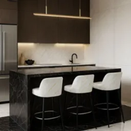 Nowoczesna kuchnia z wyspą wykończoną czarnym marmurem i trzema hokerami barowymi z welurowymi siedziskami w odcieniach bieli i złota. Minimalistyczne oświetlenie.