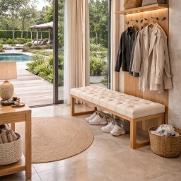 Edite Meble - Pikowana ławka z dębowym stelażem w jasnym wnętrzu z widokiem na basen. Obok wieszak z ubraniami, dywan i stolik z lampką. Naturalne materiały i stonowana kolorystyka.