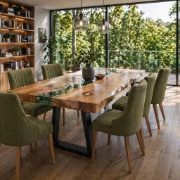 Krzesła tapicerowane KL-6 w tkaninie Zoya z dębowym stołem z zieloną żywicą epoksydową.