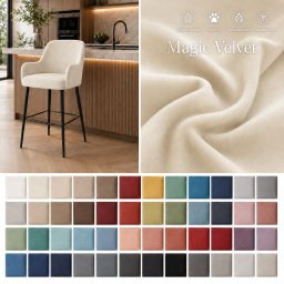 Edite Meble - Beżowy hoker tapicerowany tkaniną Magic Velvet z czarnymi nogami, w nowoczesnej kuchni z drewnianą wyspą. Prezentacja właściwości materiału (wodoodporny, petproof) i palety kolorów.