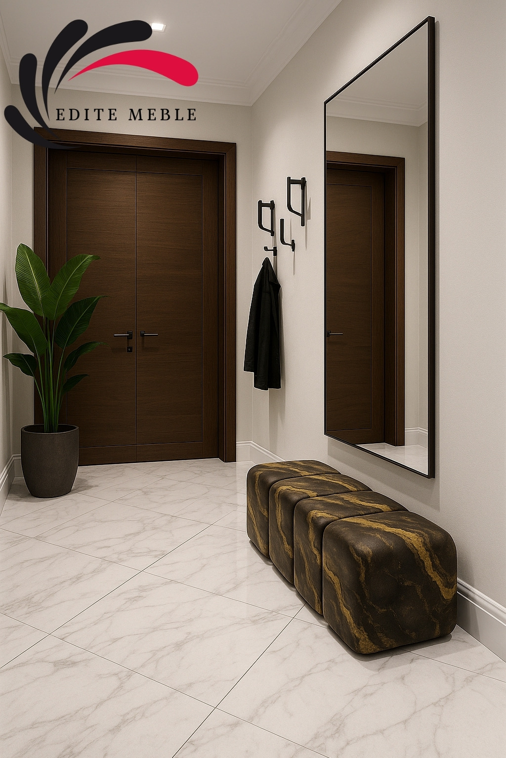 Nowoczesny przedpokój z lustrem, pufą tapicerowaną w odcieniach brązu i złota, oraz drewnianymi drzwiami. Minimalistyczny design, marmurowe płytki podłogowe.