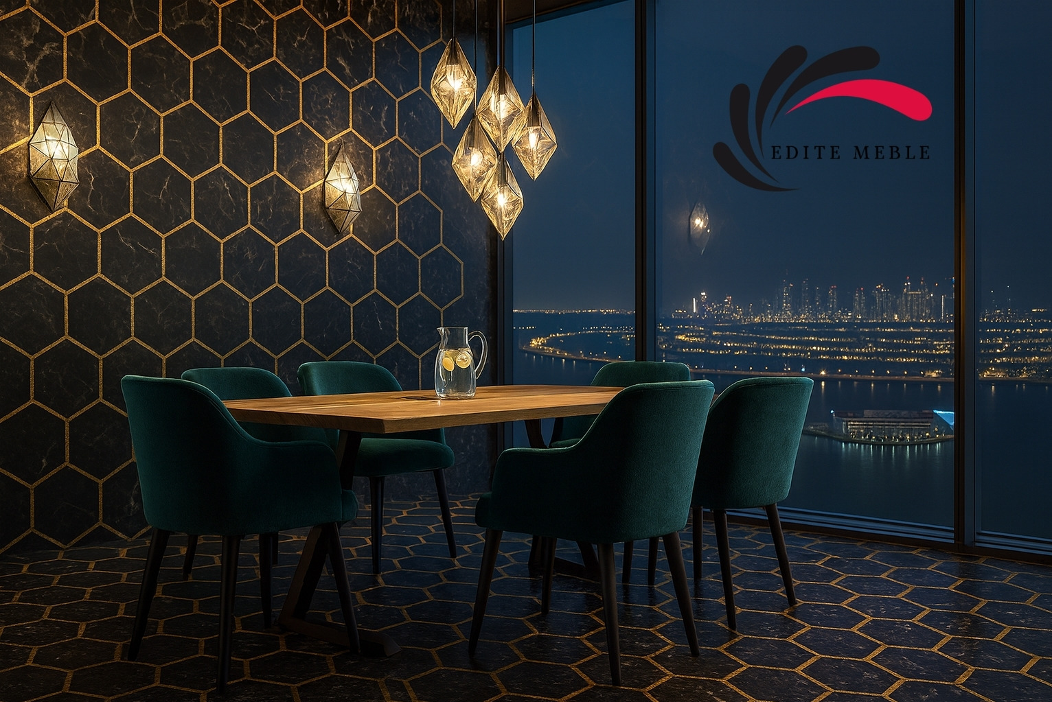 Stylowa jadalnia z drewnianym blatem i tapicerowanymi krzesłami w odcieniach zieleni, na tle geometrycznej ściany i nocnego widoku na miasto.