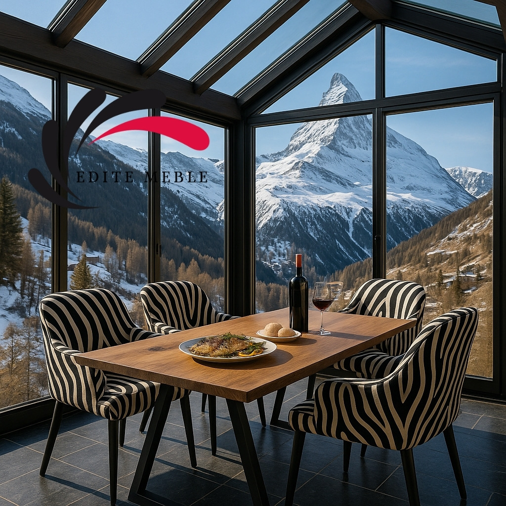 Jadalnia z drewnianym blatem i krzesłami w zebrę, w tle widok na góry. Nowoczesne wnętrze z panoramicznym oknem i naturalnym światłem. Elegancki stół z zastawą.