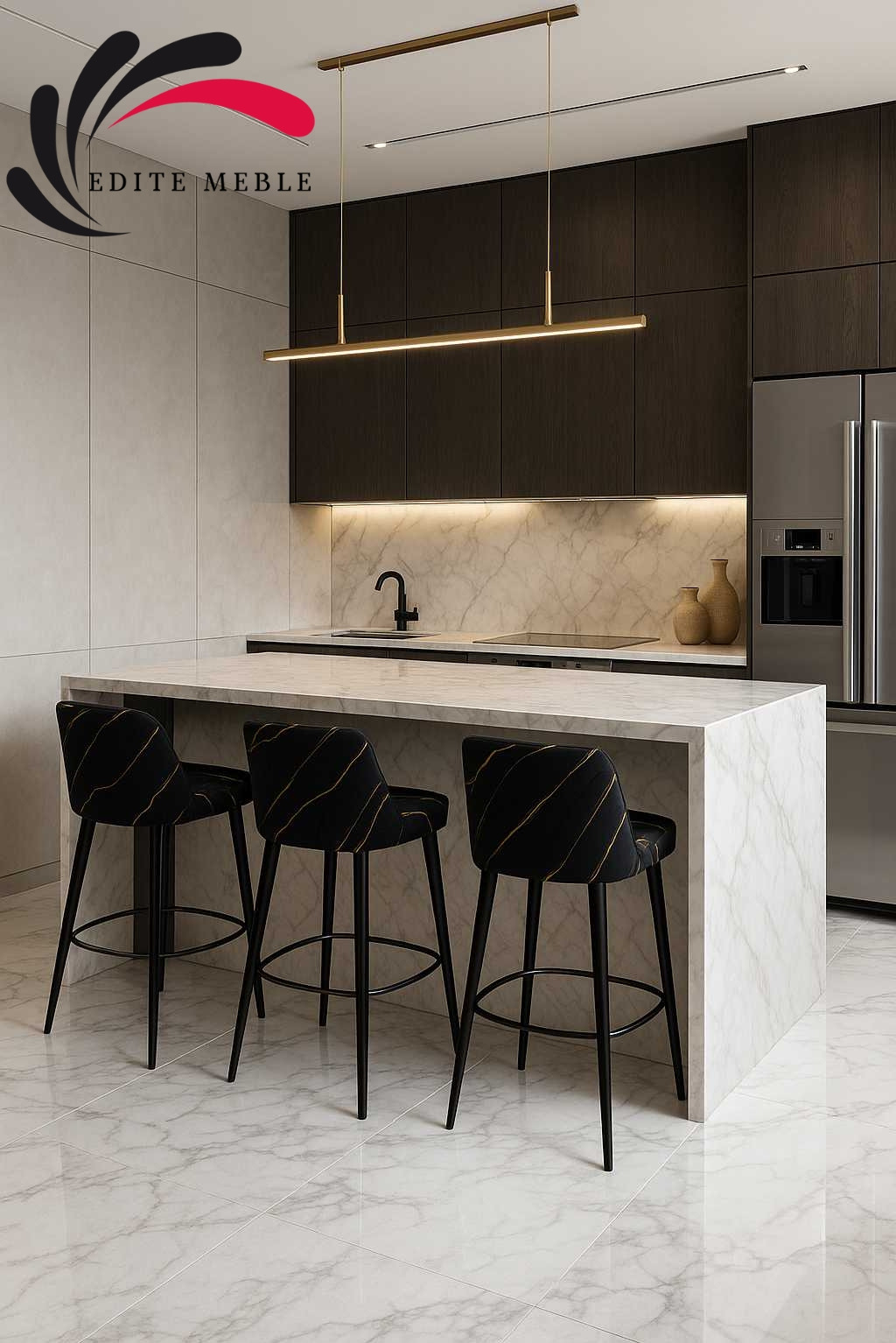 Nowoczesna kuchnia z marmurowym blatem i trzema czarnymi hokerami barowymi z welurowym siedziskiem w złote paski. Minimalistyczna lampa nad wyspą.