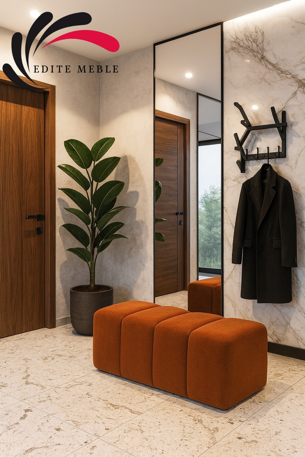 Karmelowa pufa tapicerowana w nowoczesnym przedpokoju z lustrem, rośliną doniczkową i wieszakiem na płaszcz. Minimalistyczny design, ciepłe oświetlenie.