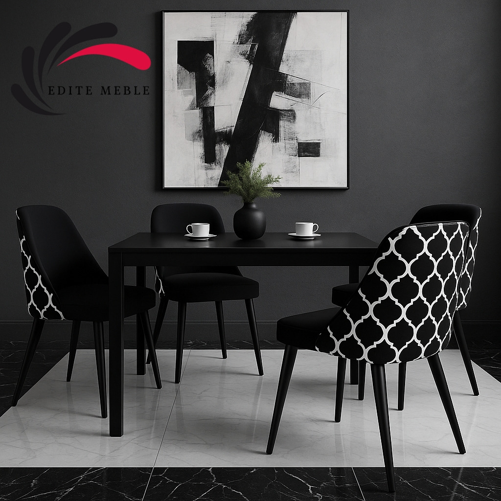 Elegancki zestaw: czarny stół i tapicerowane krzesła z wzorem marokańskim na tle abstrakcyjnego obrazu i marmurowej podłogi. Minimalistyczny design.