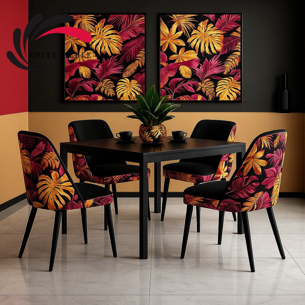 Cztery tapicerowane krzesła z motywem liści monstery wokół czarnego stołu na tle obrazów z tym samym motywem, tworzące spójną aranżację wnętrza.