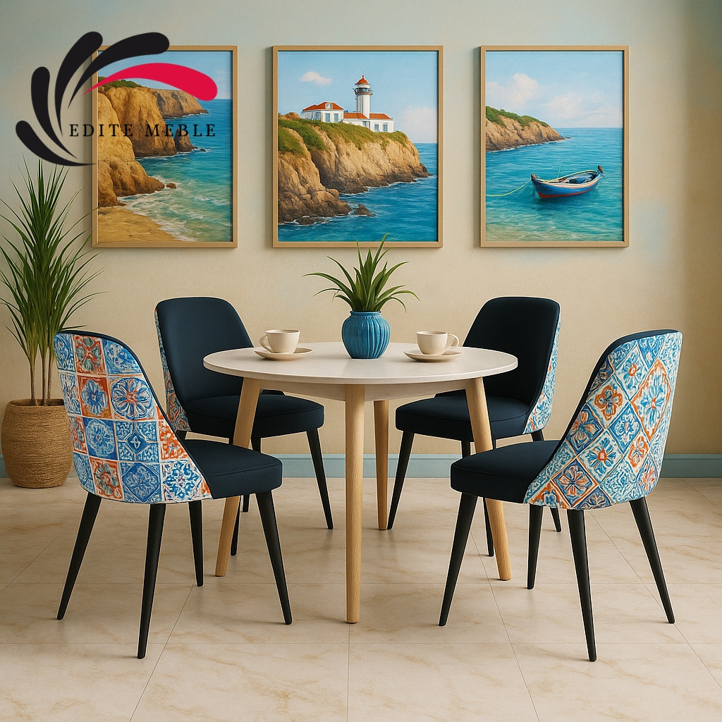 Zestaw czterech krzeseł tapicerowanych z wzorzystymi oparciami i ciemnymi siedziskami wokół okrągłego, białego stołu. W tle obrazy z motywem morskim i roślina doniczkowa.