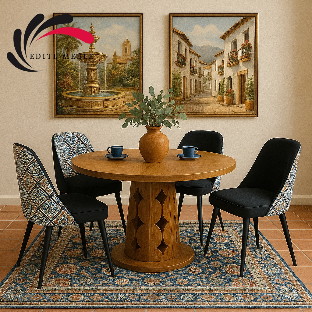 Okrągły stół z drewna i cztery krzesła tapicerowane, dwa z wzorzystym tyłem, na dywanie w stylu vintage. Na stole wazon i dwie filiżanki. W tle obrazy.