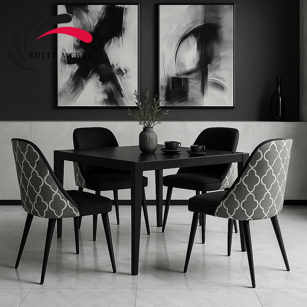 Czarny stół z czterema krzesłami tapicerowanymi w szaro-biały wzór marokański, na tle minimalistycznego wnętrza z czarno-białymi obrazami.
