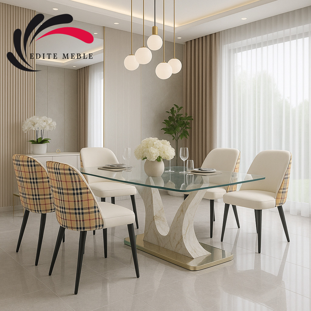 Jadalnia z szklanym stołem na marmurowej podstawie i krzesłami tapicerowanymi w kratę Burberry, oświetlona wiszącą lampą kulistą. Eleganckie wnętrze z kwiatami.