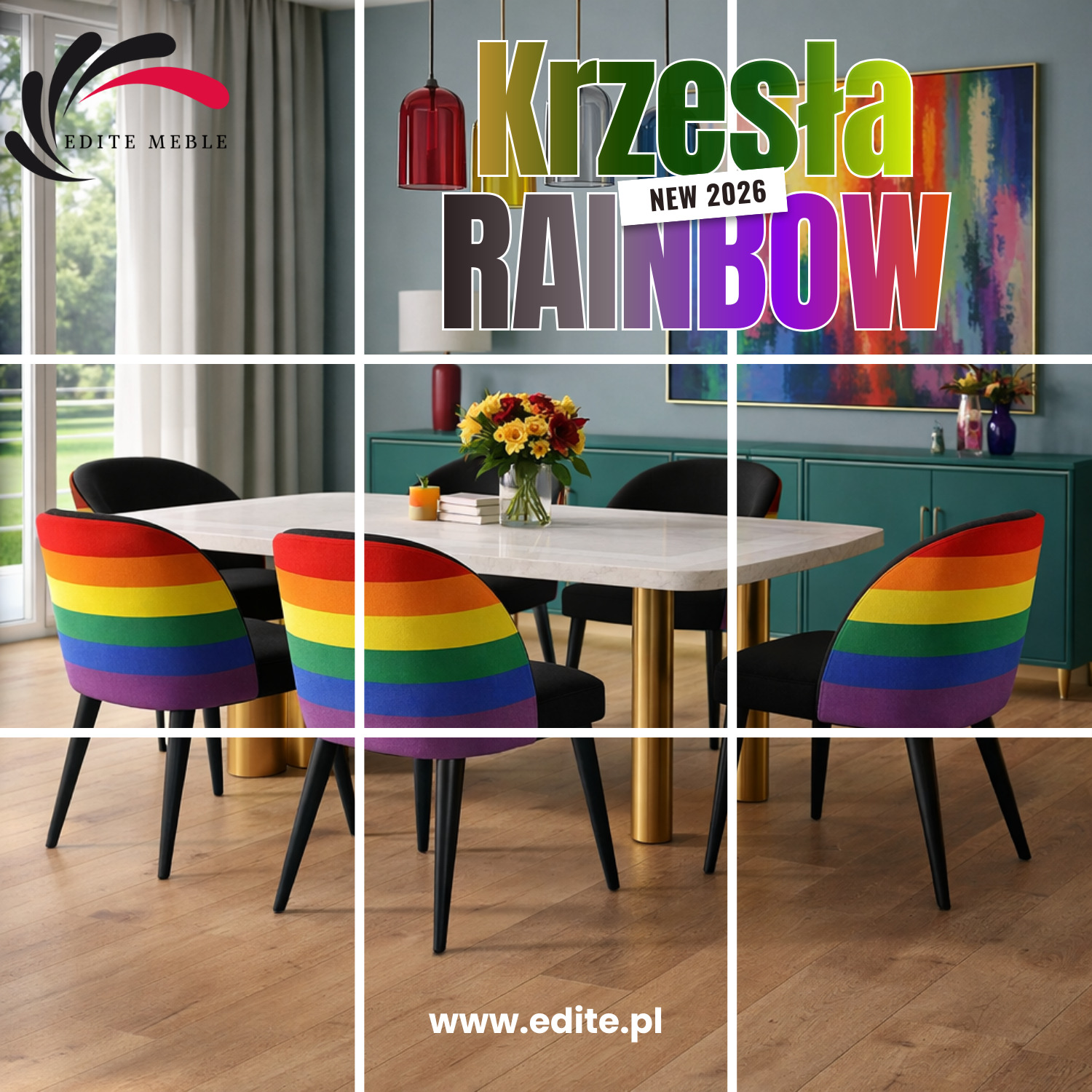 Jadalnia z tęczowymi krzesłami 'Rainbow' przy białym stole na złotych nogach. W tle zielony kredens i abstrakcyjny obraz. Designerski akcent kolorystyczny.