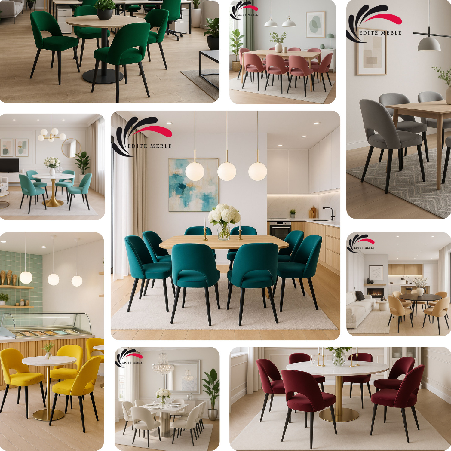 Kolaż prezentujący różnokolorowe krzesła tapicerowane z kolekcji KL-5, ustawione wokół stołów w różnych aranżacjach wnętrz, od nowoczesnych po klasyczne.
