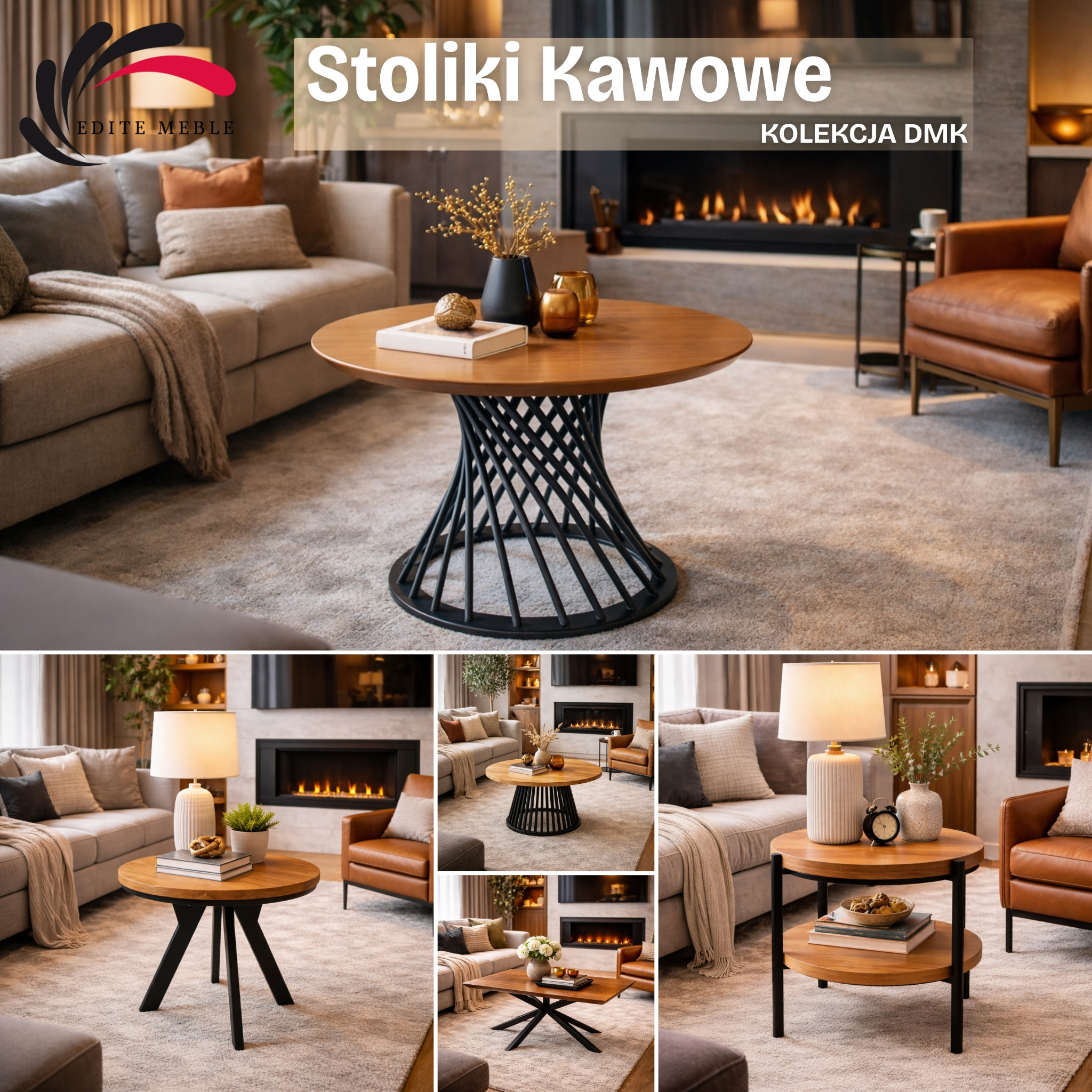 Stylowy stolik kawowy z litego drewna z kolekcji DMK, z unikalną podstawą w kształcie spirali, w aranżacji salonu z kominkiem i beżową sofą.