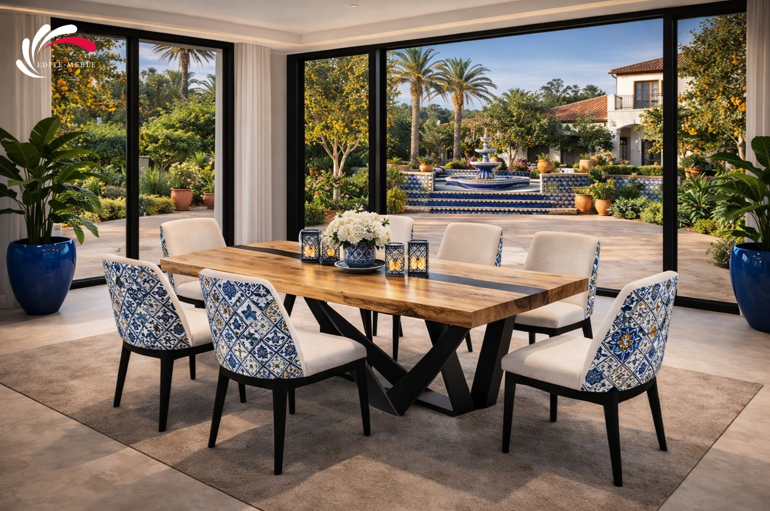 Stół z litego dębu z czarną żywicą epoksydową i krzesła z wzorzystą tapicerką w przestronnej jadalni z widokiem na fontannę i ogród. Nowoczesny design.