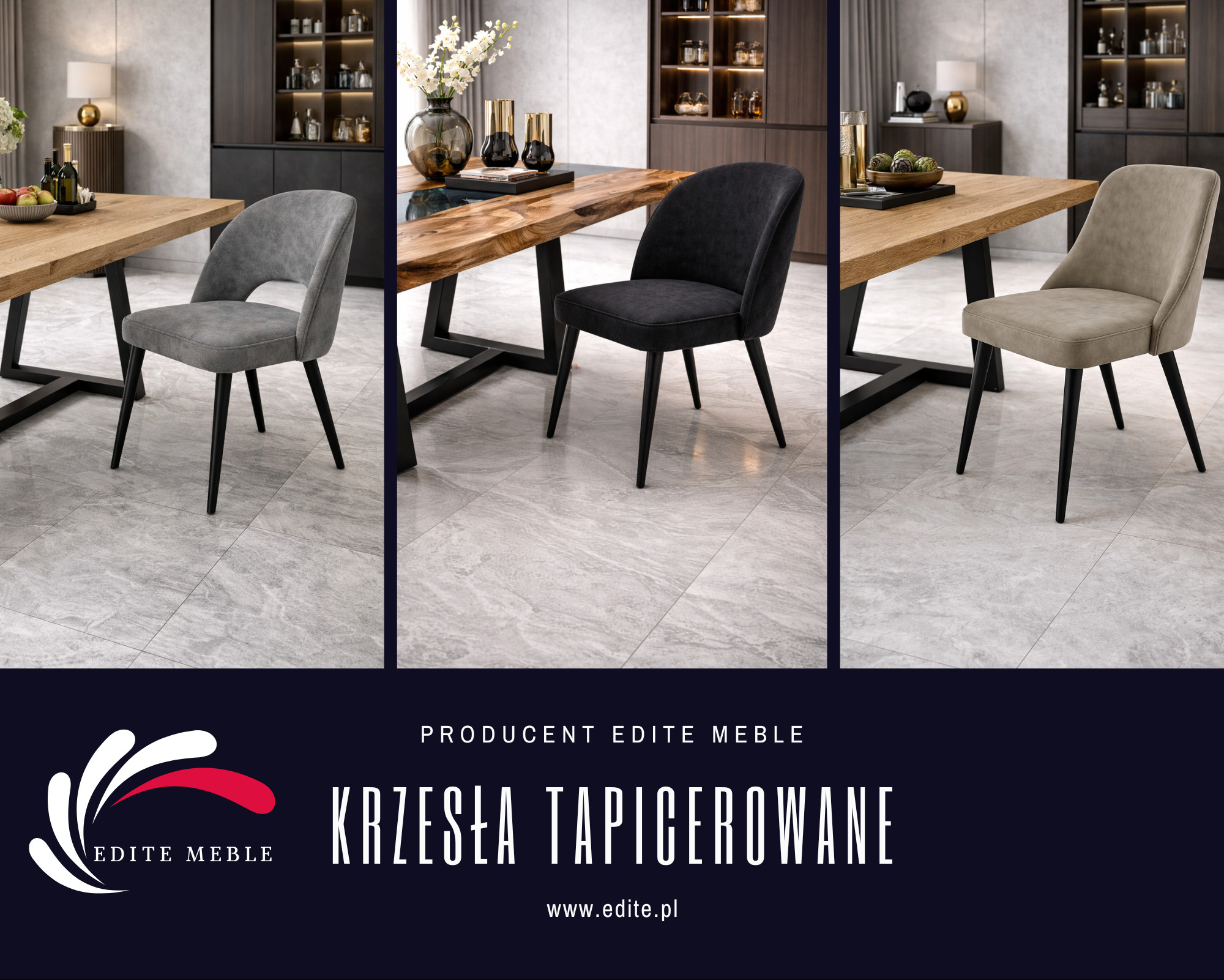 Trzy krzesła tapicerowane w odcieniach szarości i beżu, ustawione przy drewnianych stołach z czarnymi nogami. W tle ciemne szafki i dekoracje. U dołu logo producenta.