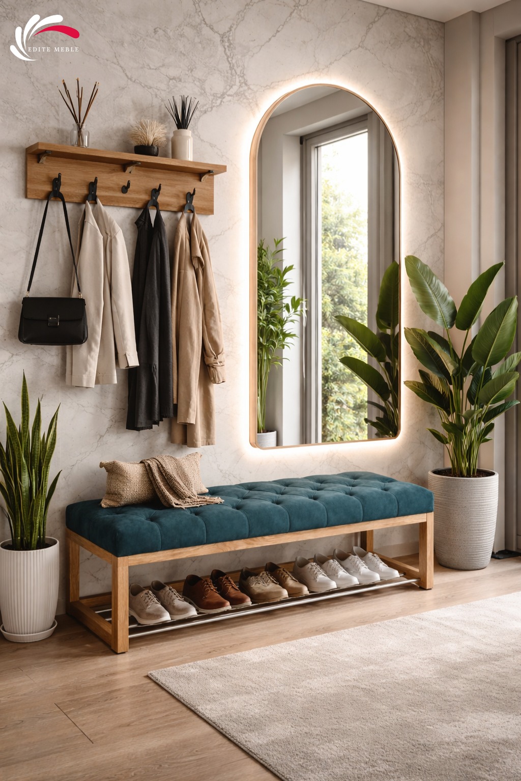 Pikowana ławka w odcieniu butelkowej zieleni na dębowym stelażu, z półką na buty. Nad nią lustro z podświetleniem LED i wieszak z ubraniami. Całość w jasnym, nowoczesnym wnętrzu.