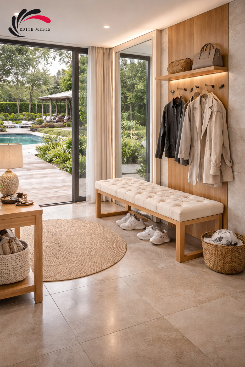 Pikowana ławka z dębowym stelażem w jasnym wnętrzu z widokiem na basen. Obok wieszak z ubraniami, dywan i stolik z lampką. Naturalne materiały i stonowana kolorystyka.