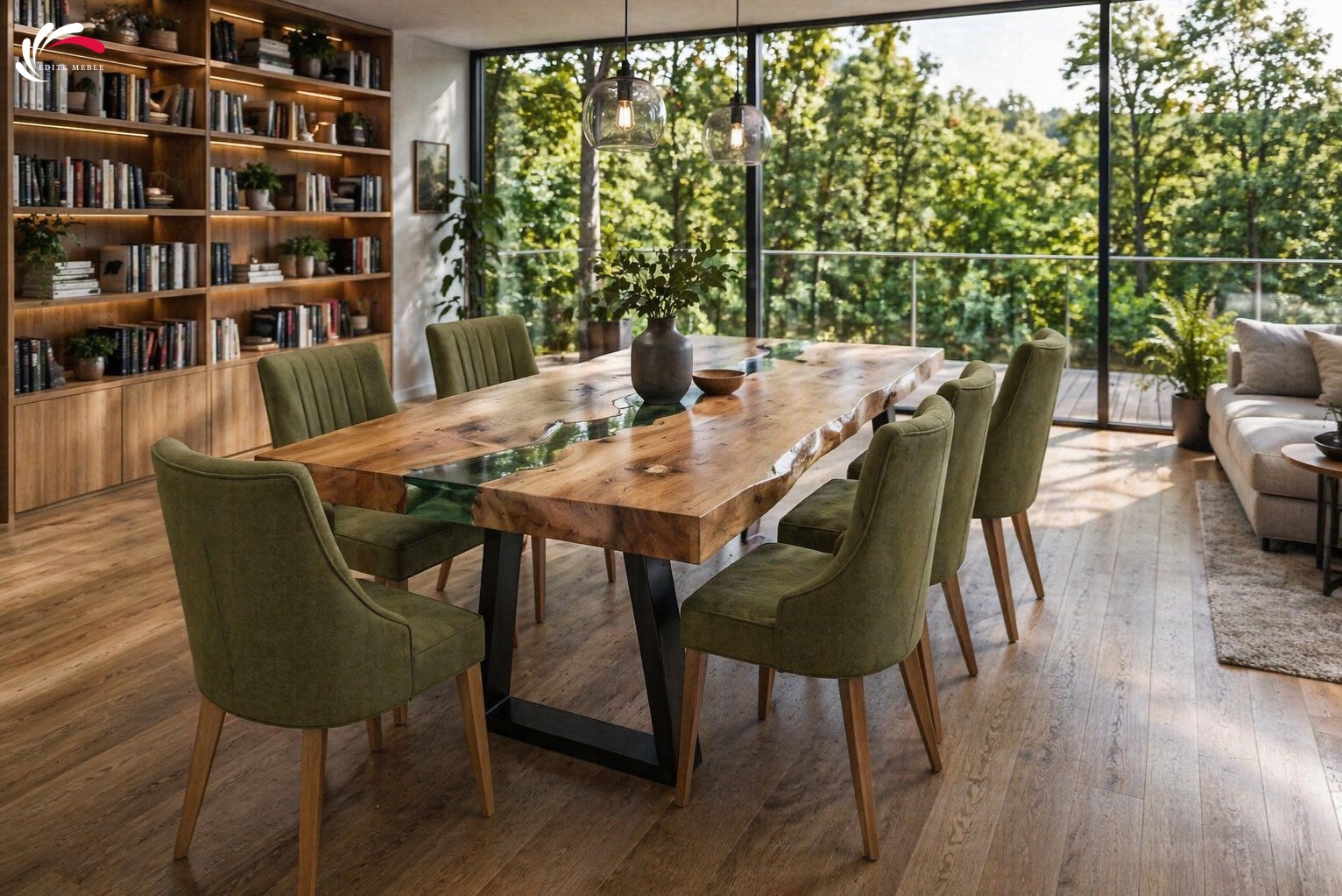 Krzesła tapicerowane KL-6 w tkaninie Zoya z dębowym stołem z zieloną żywicą epoksydową.