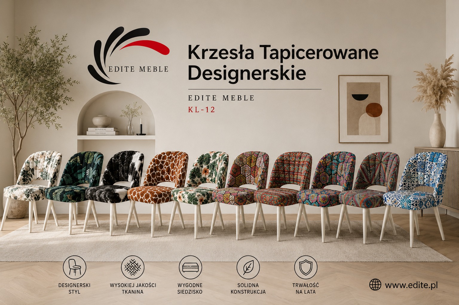 Rząd designerskich krzeseł tapicerowanych w różnych wzorach i kolorach, ustawionych w jasnym wnętrzu. Krzesła z białymi nogami, z widocznym logo producenta.