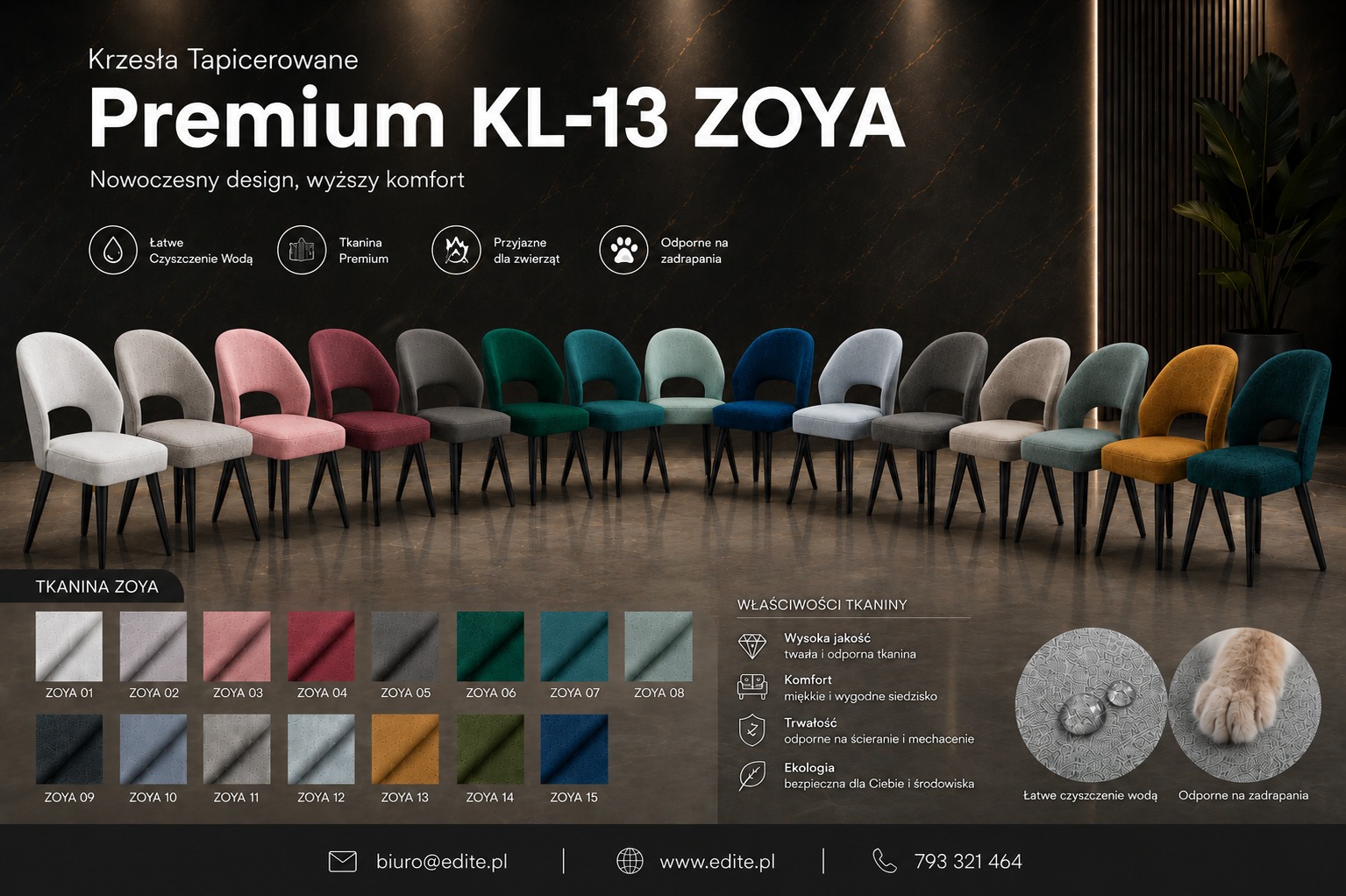 Rząd krzeseł tapicerowanych Premium KL-13 ZOYA w różnych kolorach tkaniny, prezentowanych na tle z ciemnego marmuru. Widoczne próbki tkanin i ikony właściwości.