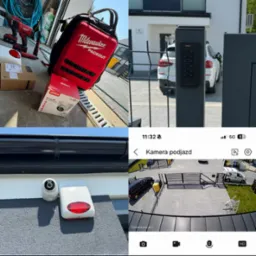 Kompozycja z narzędziami, kamerą Dahua i widokiem z kamery na posesję. Kodowany zamek przy bramie i zewnętrzna kamera z sygnalizatorem na elewacji domu.