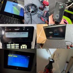 COM-INSTAL Maciej Basak - Kompozycja zdjęć: panel alarmowy, laptop z oprogramowaniem BCS, kamera BCS, przewody, elektronarzędzia. Instalacja inteligentnego domu lub systemów zabezpieczeń.