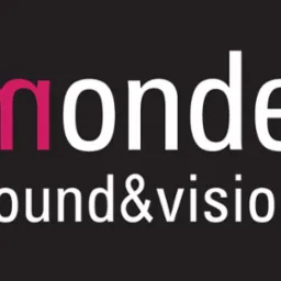 Logo firmy Monde Sound&Vision na czarnym tle. Nazwa firmy w kolorach różowym i białym, z napisem 'sound&vision' poniżej.