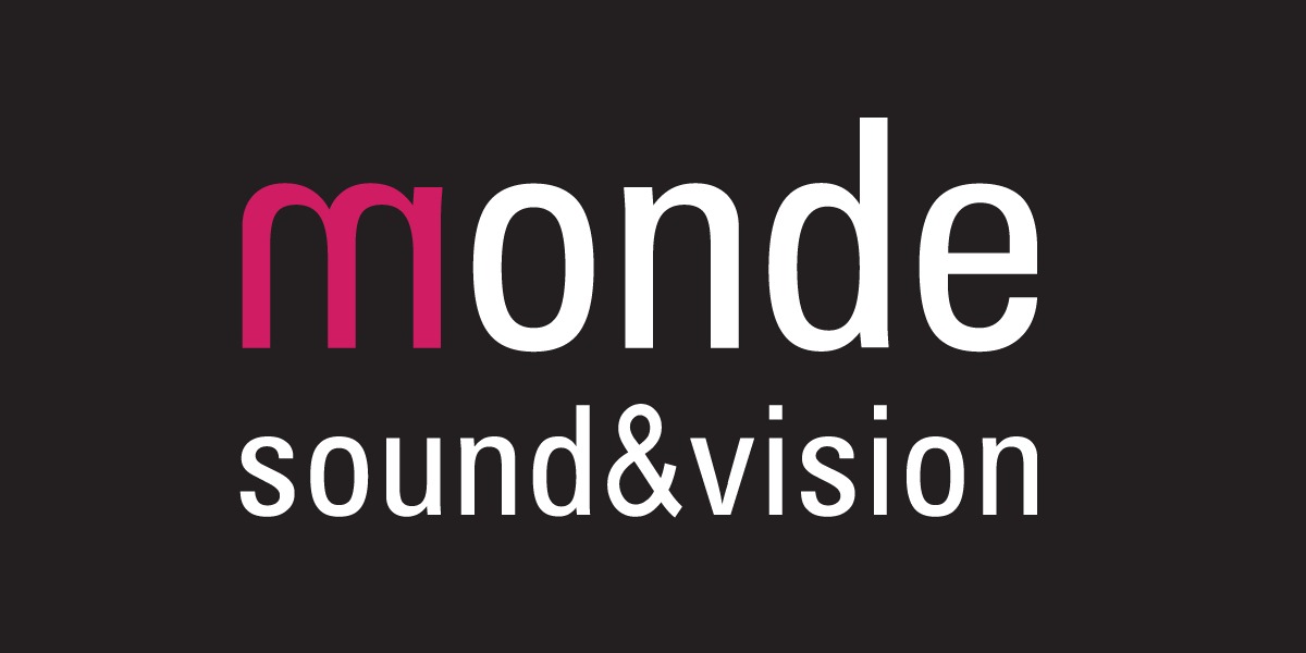 Logo firmy Monde Sound&Vision na czarnym tle. Nazwa firmy w kolorach różowym i białym, z napisem 'sound&vision' poniżej.