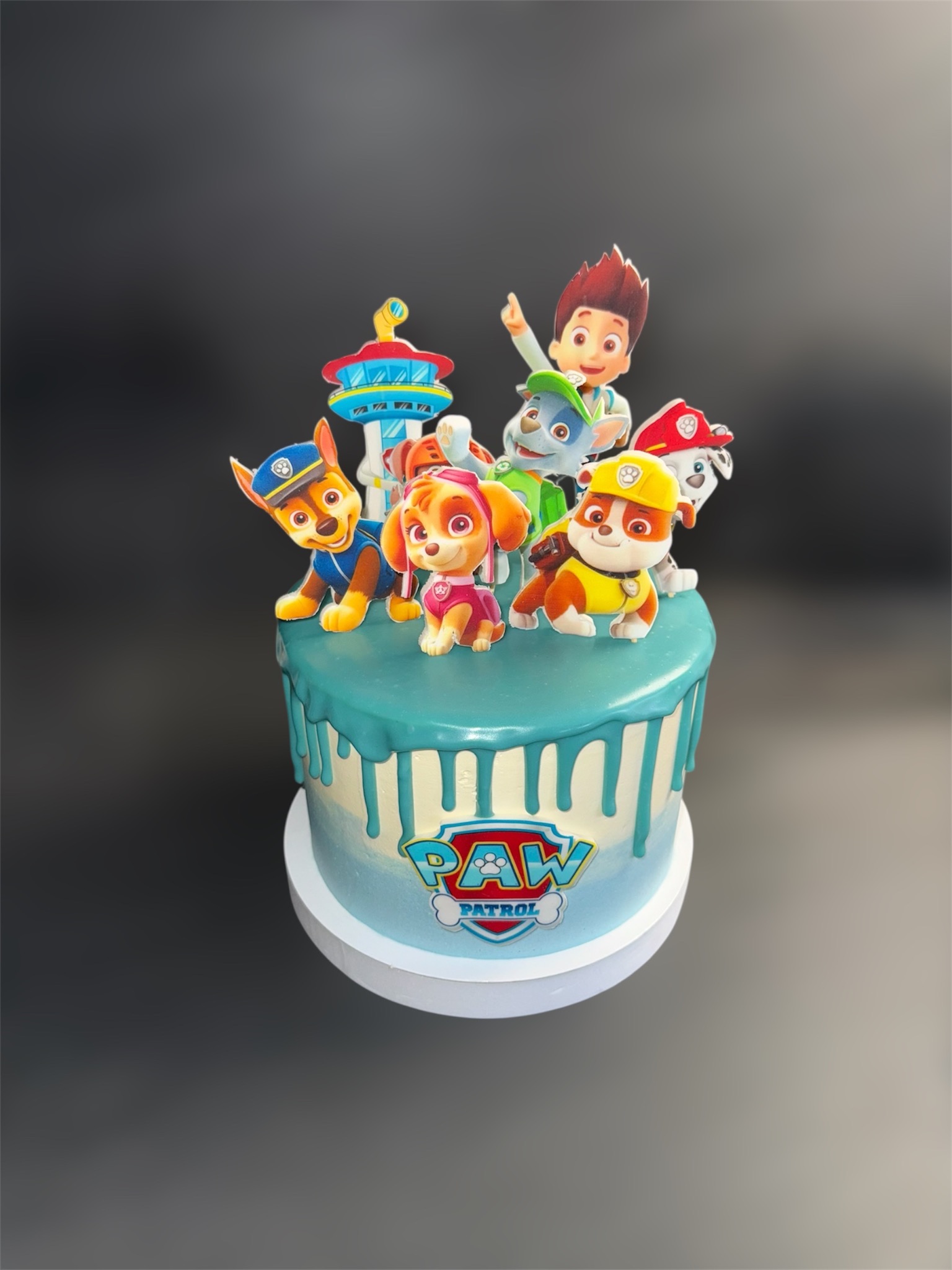 Tort urodzinowy w stylu Paw Patrol z figurkami i niebieskim lukrem, wykonany w Rzeszowie. Idealny na przyjęcie dla dziecka.