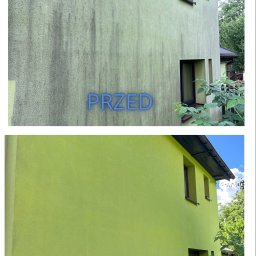 KAMTUR Kamil Turoń - Elewacja domu przed i po czyszczeniu. Górna część zdjęcia pokazuje zabrudzoną elewację, dolna - czystą, w odcieniu limonki. Widoczne okna i zieleń.