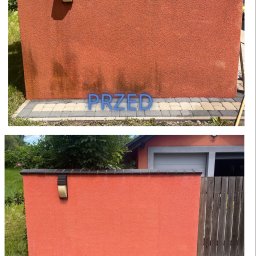 KAMTUR Kamil Turoń - Zdjęcie elewacji budynku w ujęciu 'przed' z widocznymi zabrudzeniami i 'po' czyszczeniu, prezentujące efekt usługi mycia. Widoczne kostki brukowe.