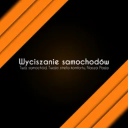 Grafika z napisem 'Wyciszanie samochodów' na czarnym tle z pomarańczowymi paskami.  Promocja usług wyciszania pojazdów, komfort i pasja.