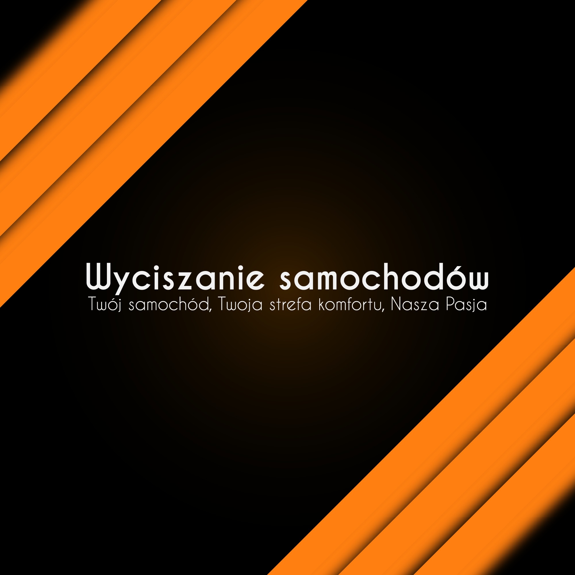 Grafika z napisem 'Wyciszanie samochodów' na czarnym tle z pomarańczowymi paskami.  Promocja usług wyciszania pojazdów, komfort i pasja.