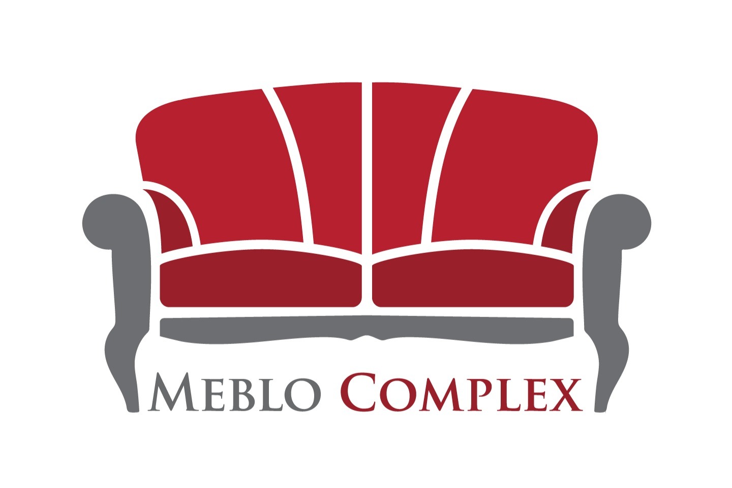 Logo firmy meblarskiej: stylizowany czerwony fotel z szarymi podłokietnikami i nazwą 'MEBLO COMPLEX' na białym tle.