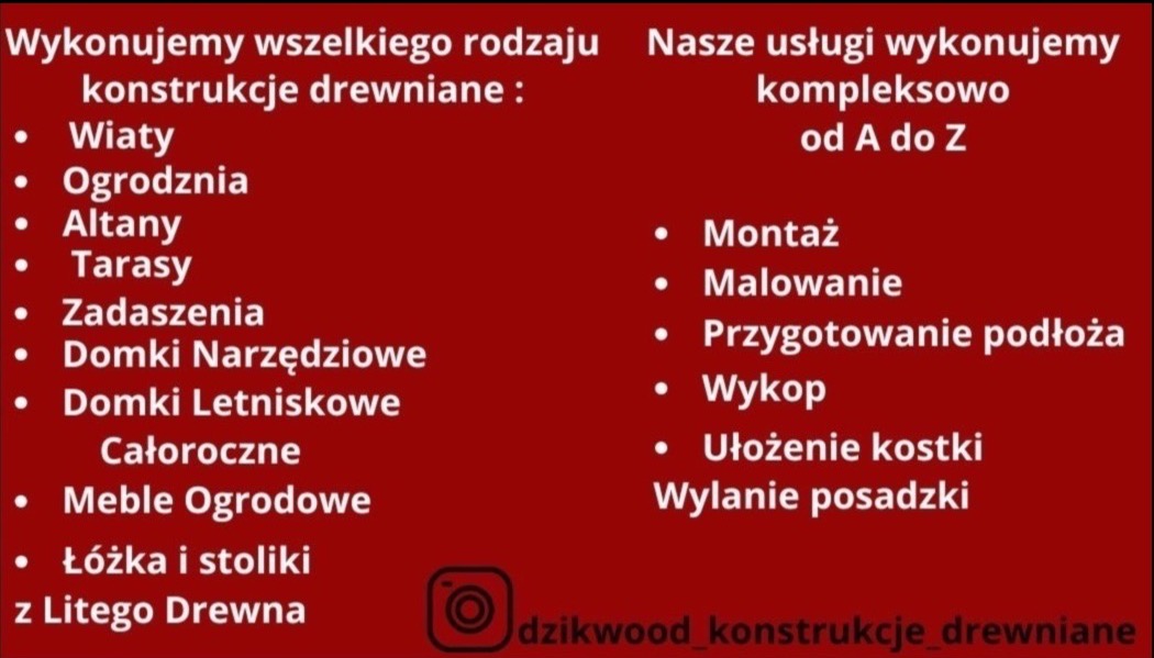 Grafika z listą konstrukcji drewnianych: wiaty, ogrodzenia, altany, tarasy, domki narzędziowe, meble ogrodowe. Oferta kompleksowa z montażem, malowaniem i przygotowaniem podłoża.